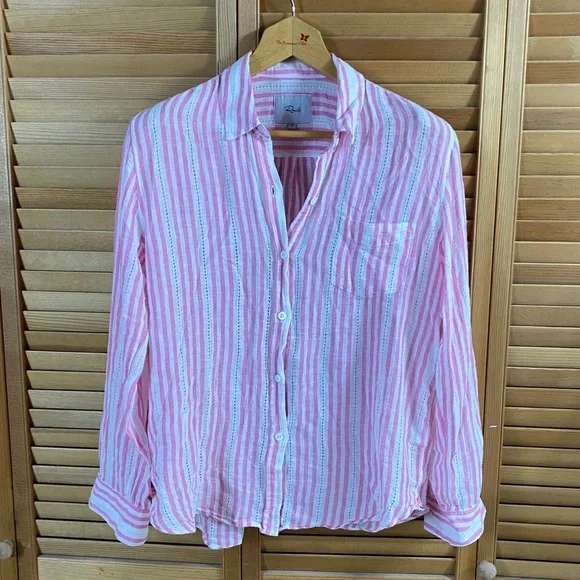 Rail’s Charli Kokomo Pink Linen Stripe Lightweight Button Down Summer Shirt M - Picture 2 of 6